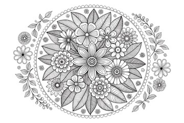 Intricate black and white mandala design with floral and leaf motifs