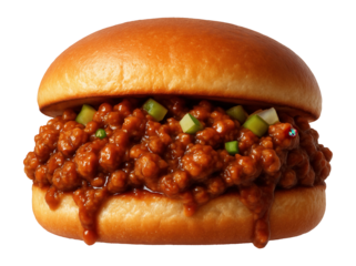 Sloppy Joe sandwich with ground meat and sauce on a bun.