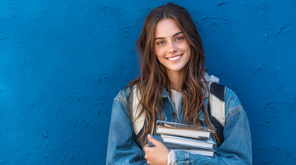 Portrait of smiling student with books and backpack against a blue wall