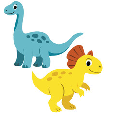 Cute cartoon illustration of two dinosaurs — a blue long-neck dinosaur with dark spots and a smiling yellow dinosaur with a red frill on its head — standing together on a white background