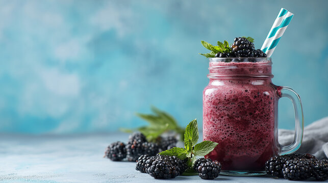 Delicious blackberry smoothie in mason jar on light blue background with space for text.

