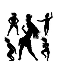 Tahitian hula dancing performance, female traditional dancer pose silhouette