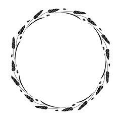 Round frame made of black wheat or rye ears. Vector autumn wreath, border hand drawn in flat style, isolated on white background