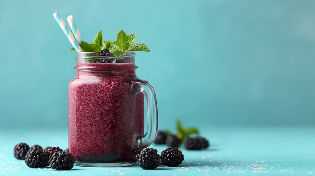 On light blue background, delicious blackberry smoothie in mason jar with space for text.

