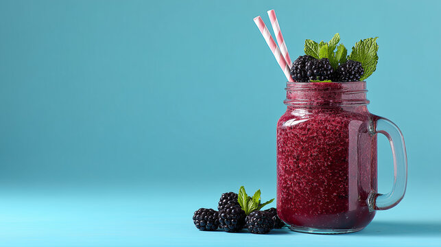 Light blue background features delicious blackberry smoothie in mason jar with space for text.
