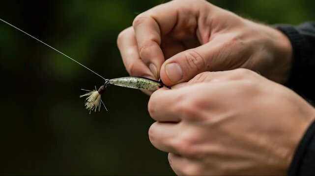 Hands of an angler fastening a feathered lure to the line, soft natural light and deep green background; intimate documentary close up of hobby, patience, and preparation; perfect for outdoor and spor