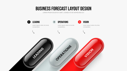 Financial Forecast Slideshow Template Vector Illustration. Professional Performance 3 Element Infographic Slide Design. Enterprise Innovation Three Step Diagram Frame Layout.
