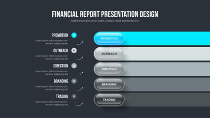 Advertising Insight Five Option Diagram Frame Layout. Service Introduction 5 Step Infographic Presentation Template. Financial Analysis Slideshow Design Vector Illustration.