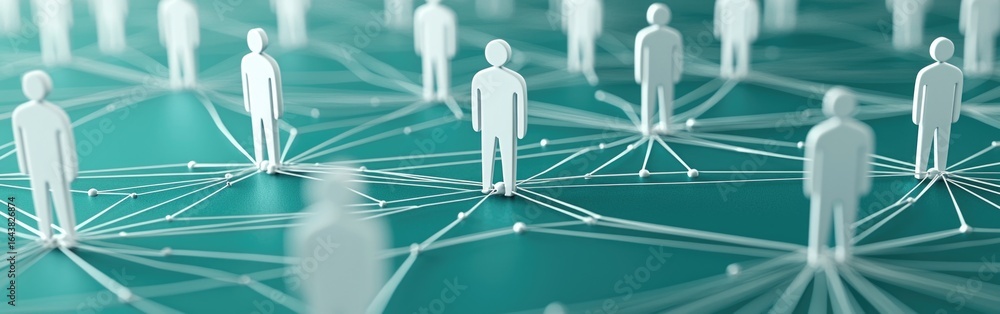 Poster a digital network of abstract figures interconnected through lines representing communication and co