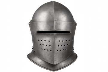 Close-up of a medieval knight's helmet, showcasing its protective design and metal construction, isolated on a transparent background