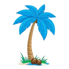 Vibrant blue palm tree with coconuts and grass on a white background
