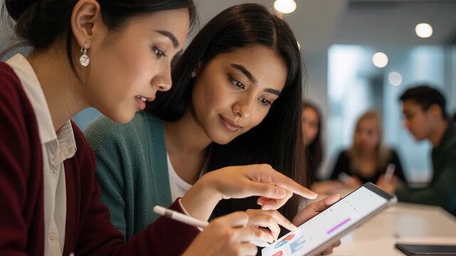 Thai woman and Colombian teammate collaborating intimately on tablet project with gentle movements and warm lighting