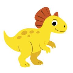 Cute cartoon illustration of a yellow dinosaur with a red frill on its head, big black eyes, and small arms, standing upright and smiling on a white background.