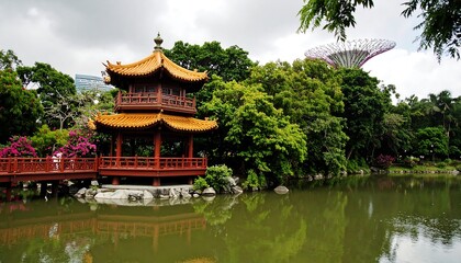 Asian garden pavilion by lake