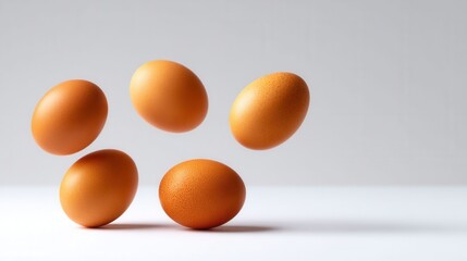 Whole Brown Eggs Floating in Mid Air with Soft Light Background