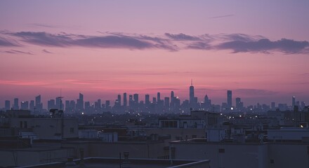 Fototapeta premium Misty Cityscape at Dusk: Pink Sky Over Urban Rooftops
