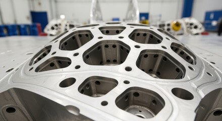 Detailed shot of a hypersonic glidevehicles titanium base structure before thermal shield application in a sterile bonding environment.