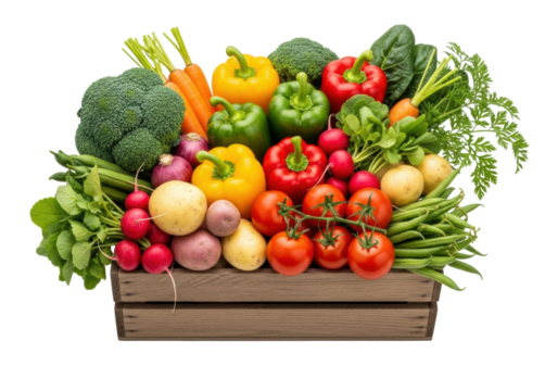 Rustic wooden crate overflowing with fresh, vibrant broccoli, carrots, bell peppers, radishes, potatoes, tomatoes, green beans, leafy greens on a transparent background, no shadows, healthy organic