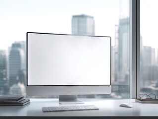 Sleek, curved-screen desktop computer with blank screen sits on a minimalist white desk overlooking a city skyline. 