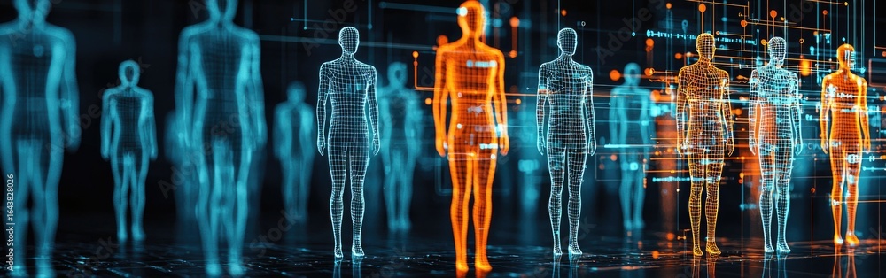 Poster a futuristic digital scene showcasing humanoid figures surrounded by vibrant data patterns and abstr