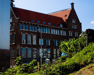 Fototapeta premium A man tends to a garden in front of a brick building.