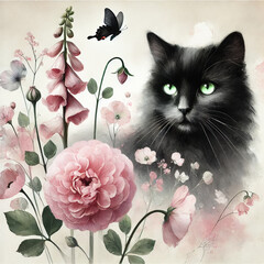 水彩タッチで描かれた黒猫と花の幻想的なイラスト