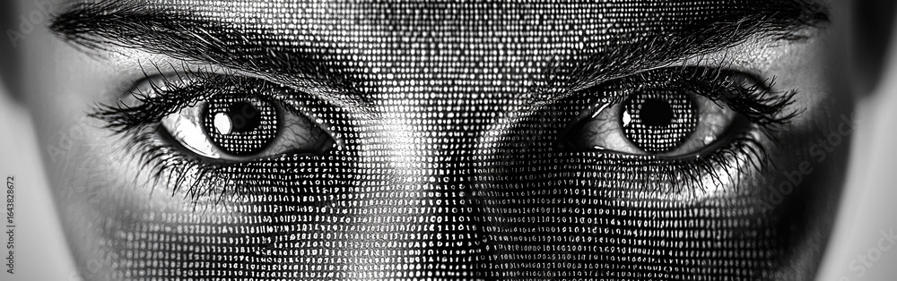 Poster a close-up portrait featuring a textured pattern overlay on a human face, emphasizing the intricate 