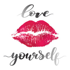 Romantic love yourself lipstick kiss print inspirational typography design for valentines day fashion trend and stylish tshirt printing gift idea