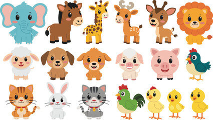 Set of cute cartoon farm, wild, and pet animals isolated on white background