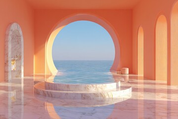 Tranquil coral-toned interior with marble pool, arched openings revealing a serene ocean view, and sunlit marble floor reflecting the scene