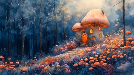 Mushroom house in fantasy forest