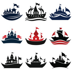 Set of fanciful ship and castle logos evoking fairy tales and adventure