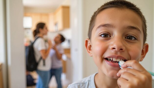 Happy young boy brushing teeth in kitchen with family in background  