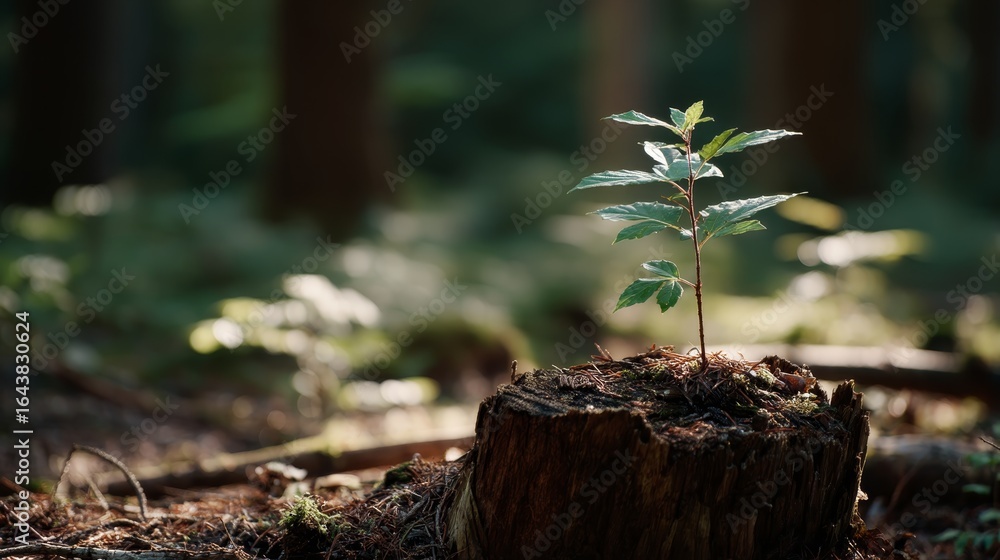Poster young sapling growing from old weathered tree trunk in sunlit forest with copy space on left