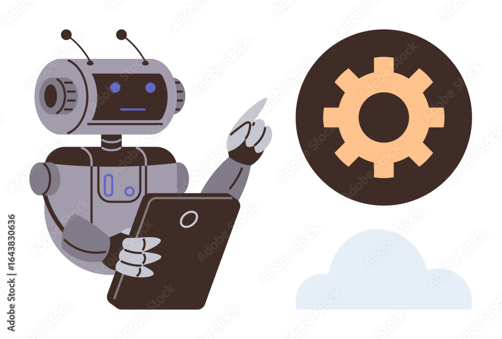 Poster robot holding tablet points at gear, symbolizing automation, ai, and cloud integration. ideal for ar