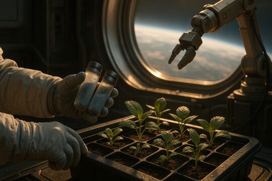 Astronaut Conducting Botanical Experiments in Space Lab Environment