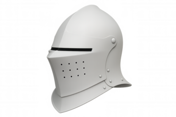 Close-up of a white medieval knight's helmet isolated on transparent background, showcasing its protective design and craftsmanship