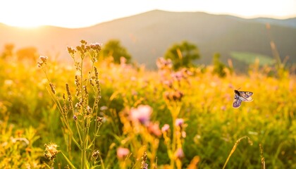 Golden sunset meadow with butterfly