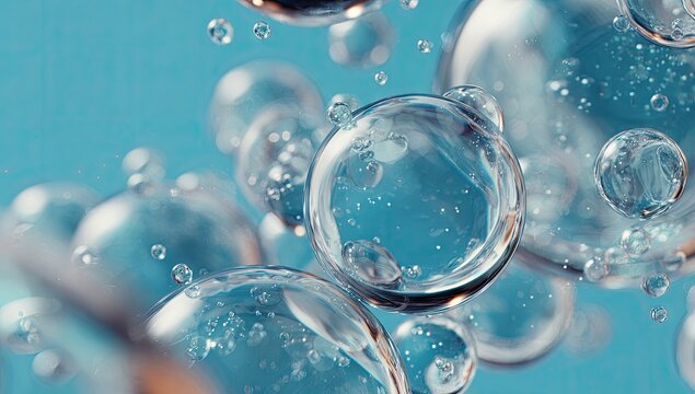 Translucent spheres of varying sizes float in a serene light blue liquid, some exhibiting internal reflections and smaller bubbles clinging to their surfaces