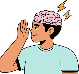 Illustration of a person with a brain exposed and lightning bolts above it on a white background