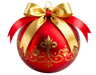 Red Christmas ball with a beautiful bow and a golden pattern. christmas design isolated on transparent background.