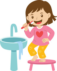 Happy little girl brushing teeth, standing on stool, bathroom sink water running, dental hygiene, kids health routine, smiling child