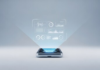 Futuristic smartphone projecting holographic interface with data charts and analytics on a minimal background