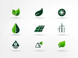 Obraz premium Green icons representing nature, sustainability, and renewable energy are arranged grid. These symbols include leaves, solar panels, wind turbines, and water droplets, conveying eco friendly theme