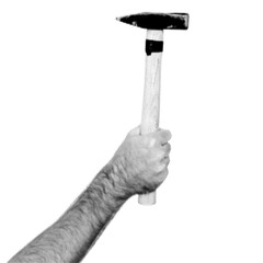 Human hand in dotted pop art style gripping a hammer. Retro pop art style DIY tool concept for construction, repair, carpentry. Comic Collage Element for  mix media design. Vector