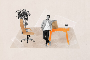 Artwork sketch image collage of happy businesswoman businessman stand table workplace flower plant...