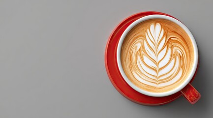 Overhead view of a red cup of latte art on a red saucer against a grey background; ample negative space to the left