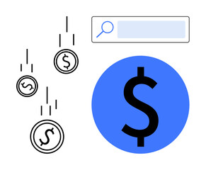 Coins with dollar sign falling, large dollar symbol in blue circle, and search bar. Ideal for finance, investment, revenue, online search, business growth, savings and simple landing page