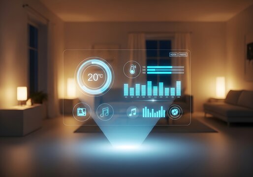Futuristic smart home control panel with holographic interface in modern living room