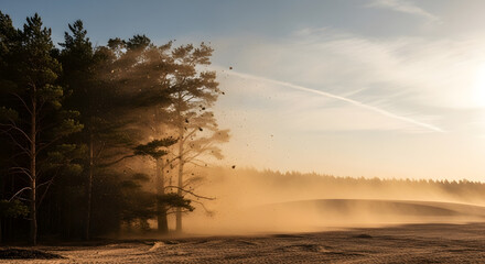 Fototapeta premium Serene Morning Landscape Mist Rolling Through Forest Trees, A tranquil scene of nature's beauty, trees, and mist-covered fields.